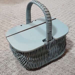 Antique Primitive Chippy French Blue Wicker Handled Basket With Hinged Lid